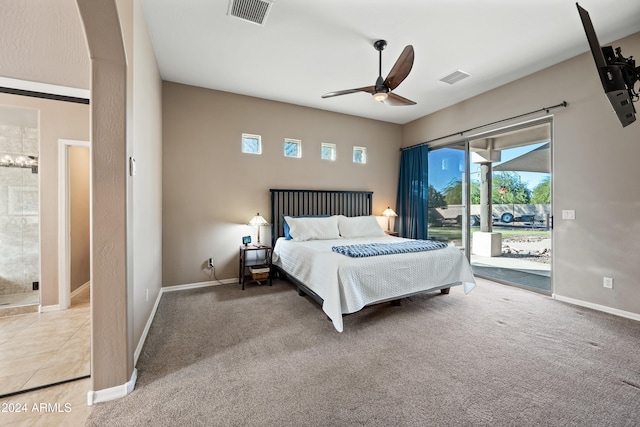 bedroom featuring carpet flooring, ceiling fan, and access to exterior