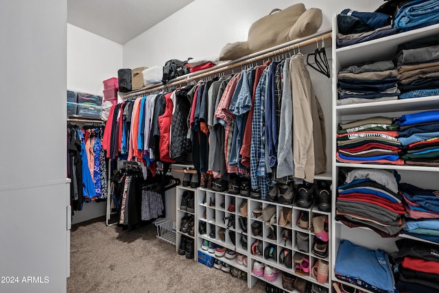 walk in closet featuring carpet flooring