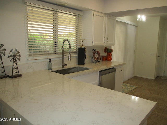 kitchen with sink, white cabinets, stainless steel dishwasher, light stone counters, and kitchen peninsula