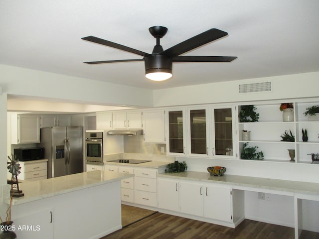 kitchen featuring white cabinetry, light stone countertops, dark hardwood / wood-style flooring, and black appliances