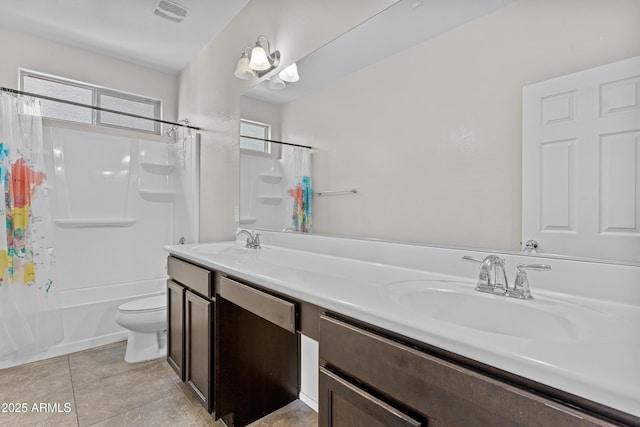 full bathroom with shower / bathtub combination with curtain, vanity, tile patterned floors, and toilet