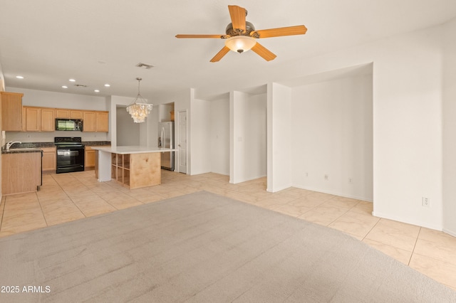 39609 N White Tail Ln, Anthem, AZ 85086 - unfurnished living room featuring a sink, ceiling fan with notable chandelier, light tile patterned floors, visible vents, and recessed lighting