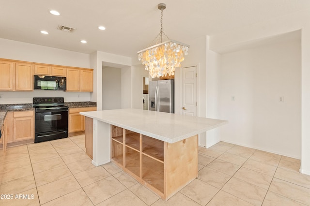 39609 N White Tail Ln, Anthem, AZ 85086 - kitchen with recessed lighting, visible vents, light brown cabinetry, and black appliances