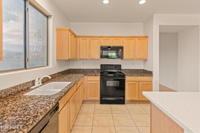 39609 N White Tail Ln, Anthem, AZ 85086 - kitchen featuring recessed lighting, light brown cabinetry, a sink, and black appliances