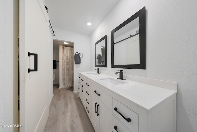 bathroom featuring vanity, wood-type flooring, and toilet