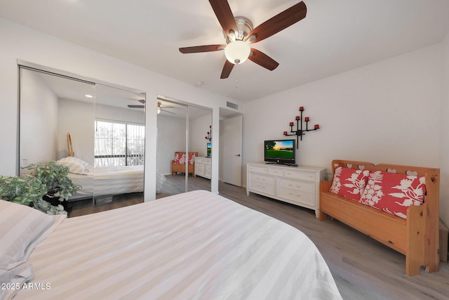 bedroom featuring ceiling fan, dark hardwood / wood-style floors, and two closets