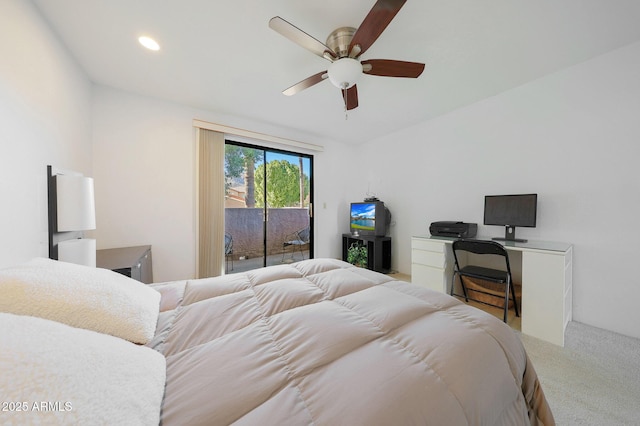 carpeted bedroom featuring access to outside and ceiling fan