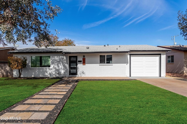 ranch-style home featuring an attached garage, brick siding, concrete driveway, roof with shingles, and a front lawn