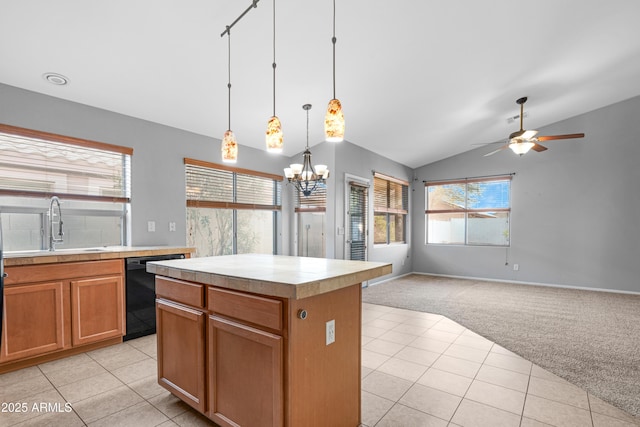 kitchen featuring light tile patterned floors, light carpet, black dishwasher, and vaulted ceiling