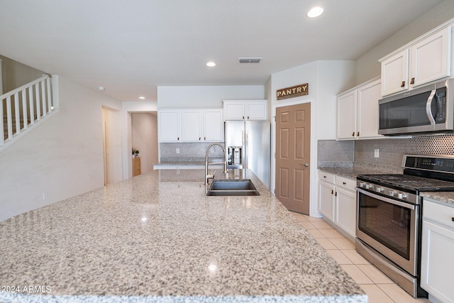 kitchen with light stone counters, tasteful backsplash, white cabinets, sink, and appliances with stainless steel finishes