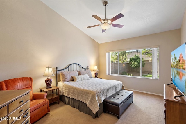 3350 E Rosemonte Dr, Phoenix, AZ 85050 - bedroom with vaulted ceiling, light colored carpet, baseboards, and ceiling fan