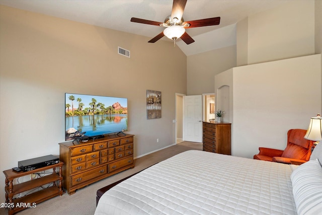 3350 E Rosemonte Dr, Phoenix, AZ 85050 - carpeted bedroom featuring high vaulted ceiling, baseboards, and ceiling fan