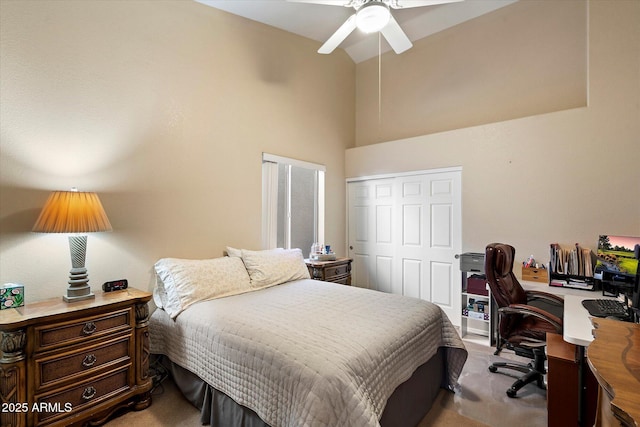 3350 E Rosemonte Dr, Phoenix, AZ 85050 - bedroom featuring a desk, high vaulted ceiling, a closet, carpet, and ceiling fan