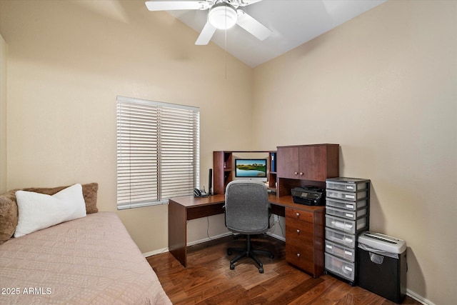 3350 E Rosemonte Dr, Phoenix, AZ 85050 - bedroom featuring dark wood-type flooring, baseboards, high vaulted ceiling, a desk, and ceiling fan