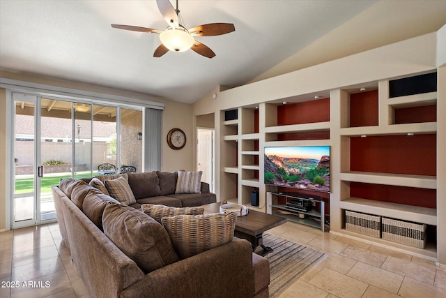 3350 E Rosemonte Dr, Phoenix, AZ 85050 - living area featuring built in features, lofted ceiling, and ceiling fan