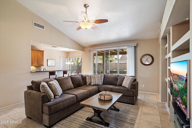3350 E Rosemonte Dr, Phoenix, AZ 85050 - living room featuring a ceiling fan, baseboards, and high vaulted ceiling
