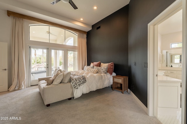 8502 E Santa Catalina Dr, Scottsdale, AZ 85255 - bedroom featuring light colored carpet, access to outside, recessed lighting, and connected bathroom