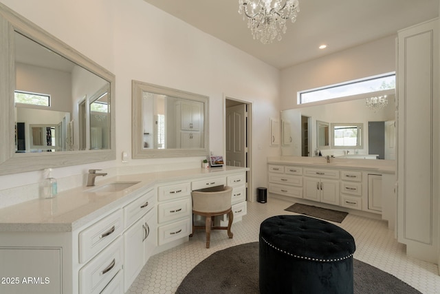 8502 E Santa Catalina Dr, Scottsdale, AZ 85255 - bathroom with a chandelier, plenty of natural light, vanity, and recessed lighting