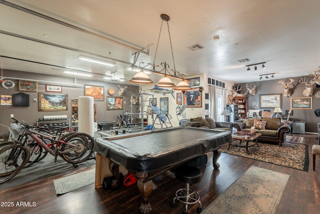 8502 E Santa Catalina Dr, Scottsdale, AZ 85255 - rec room featuring pool table, wood finished floors, and rail lighting