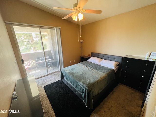 bedroom with dark carpet, ceiling fan, vaulted ceiling, and access to outside