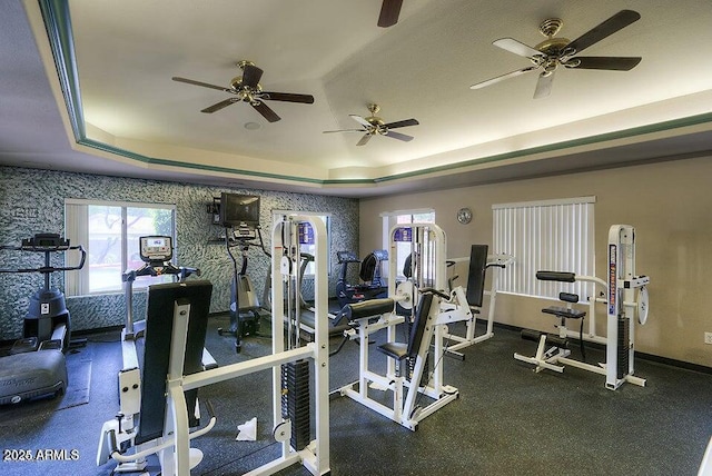 exercise room featuring a tray ceiling