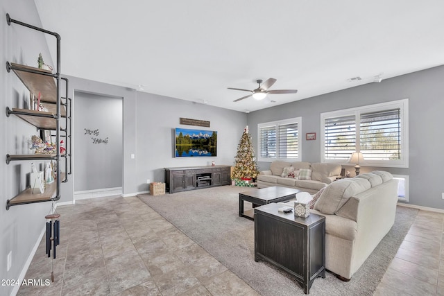 living room featuring ceiling fan