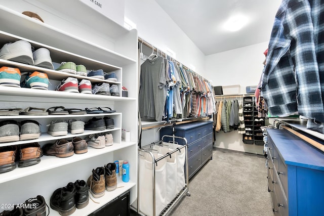 spacious closet featuring light colored carpet