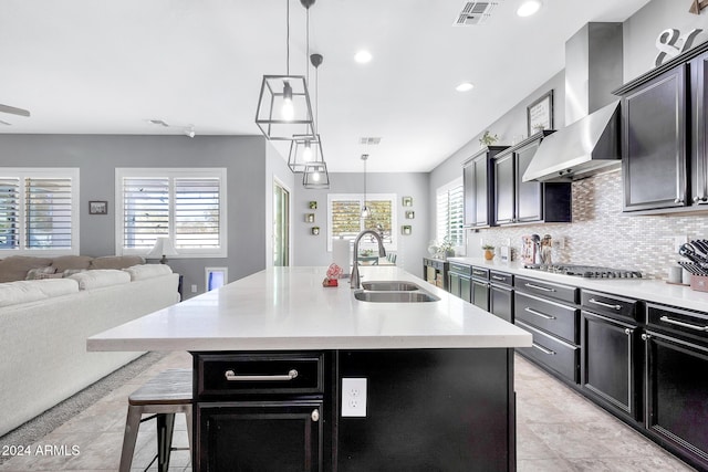 kitchen with a healthy amount of sunlight, sink, and an island with sink