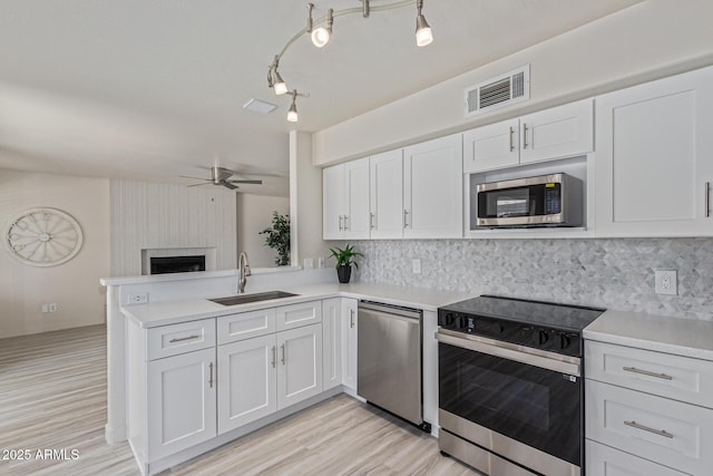 4933 E Downing St, Mesa, AZ 85205 - kitchen with stainless steel appliances, a peninsula, ceiling fan, white cabinetry, and light countertops