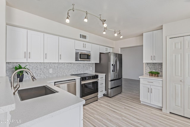 4933 E Downing St, Mesa, AZ 85205 - kitchen featuring stainless steel appliances, white cabinetry, decorative backsplash, and light wood-style flooring