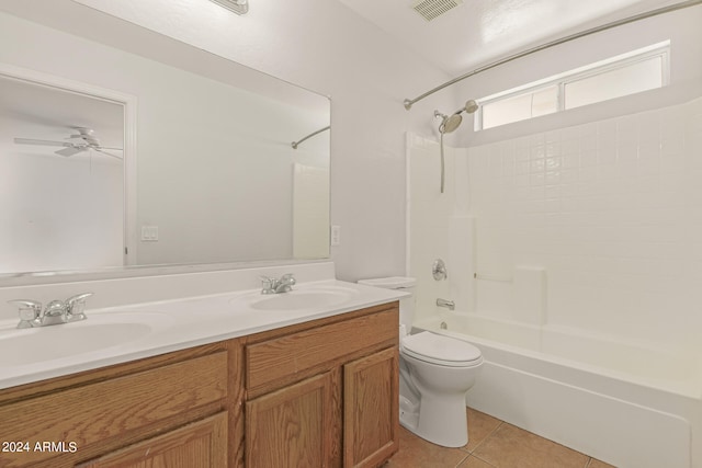 full bathroom with ceiling fan, vanity, toilet, bathtub / shower combination, and tile patterned flooring