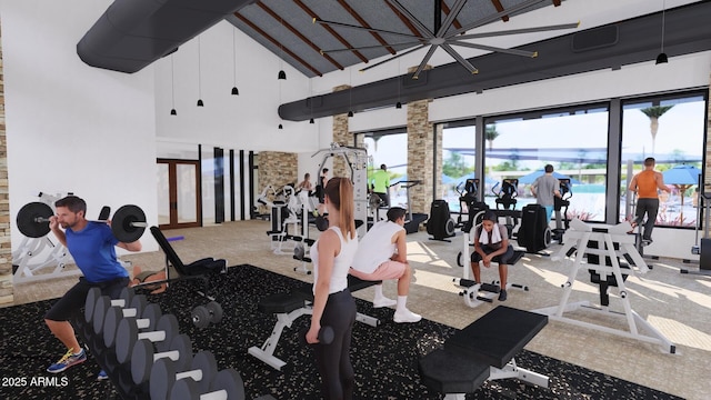 gym with a towering ceiling