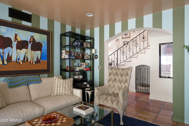 living room featuring tile patterned flooring