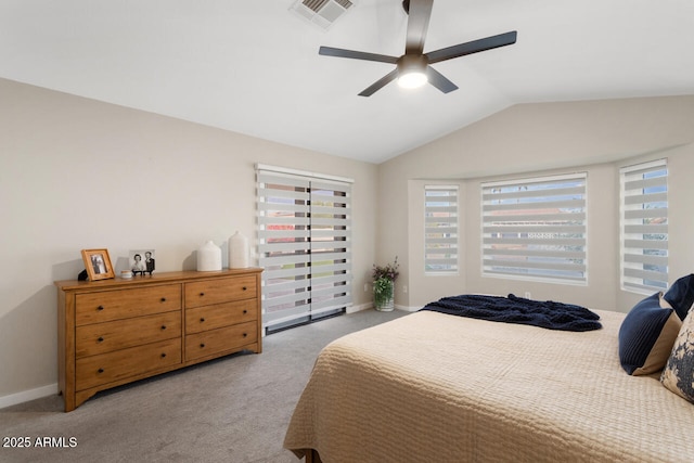 bedroom featuring ceiling fan, carpet, and vaulted ceiling