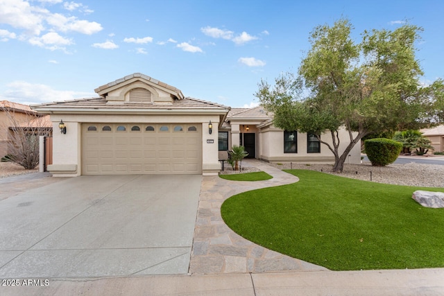 view of front facade featuring a front yard and a garage