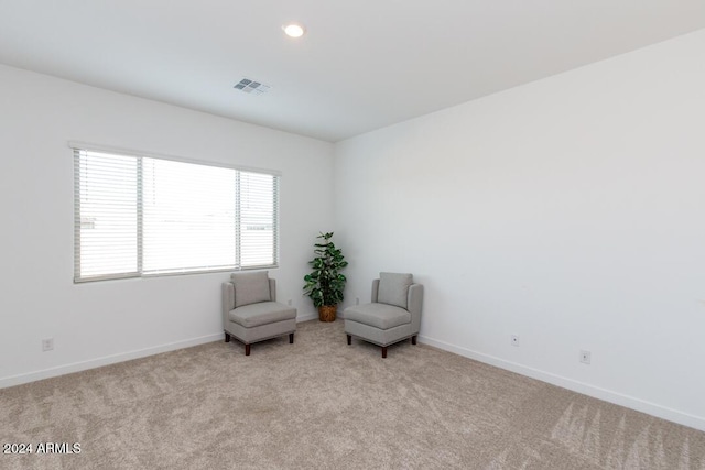 sitting room featuring light carpet