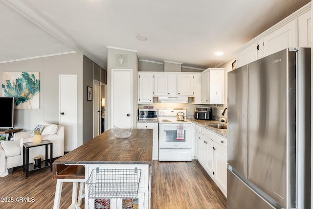 kitchen featuring stainless steel appliances, dark wood finished floors, white cabinetry, and a sink