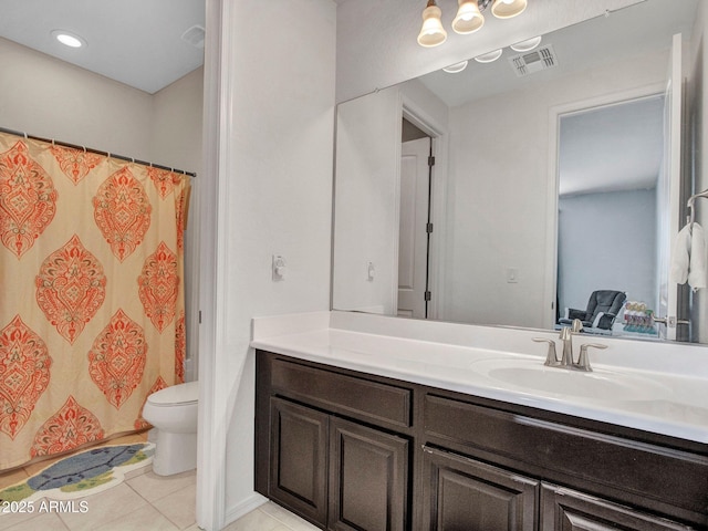 4132 W Tunnel Mine Rd, New River, AZ 85087 - bathroom with toilet, tile patterned floors, vanity, and curtained shower