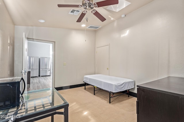home office featuring a ceiling fan, light floors, recessed lighting, and baseboards