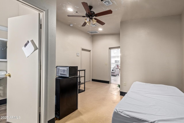 bedroom featuring light floors, recessed lighting, and ceiling fan