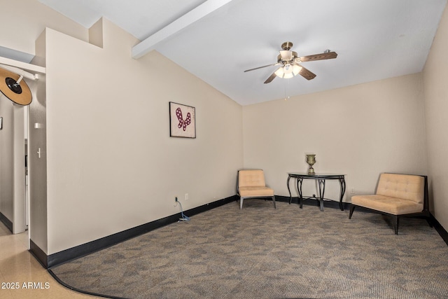 living area with ceiling fan, baseboards, and carpet
