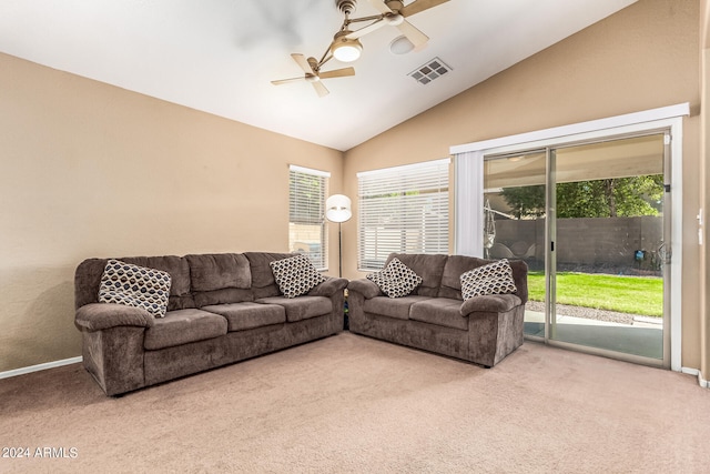 living room featuring carpet floors, high vaulted ceiling, and ceiling fan