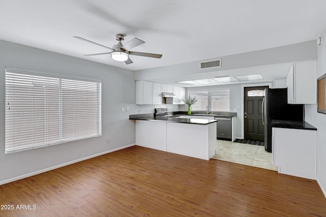 3106 S Extension Rd, Mesa, AZ 85210 - kitchen featuring stainless steel appliances, a peninsula, dark countertops, a ceiling fan, and light wood finished floors