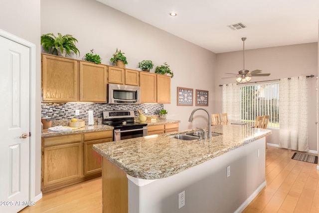 3412 E Kristal Way, Phoenix, AZ 85050 - kitchen featuring appliances with stainless steel finishes, a sink, light wood-style flooring, tasteful backsplash, and an island with sink