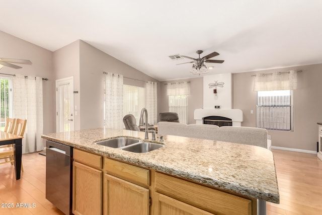 3412 E Kristal Way, Phoenix, AZ 85050 - kitchen with a sink, a ceiling fan, dishwasher, lofted ceiling, and open floor plan