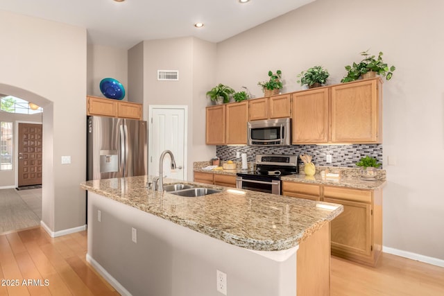 3412 E Kristal Way, Phoenix, AZ 85050 - kitchen with stainless steel appliances, a sink, light wood-type flooring, baseboards, and a towering ceiling