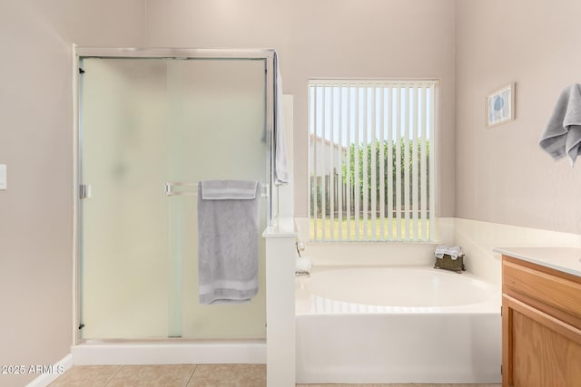 3412 E Kristal Way, Phoenix, AZ 85050 - bathroom with vanity, a shower stall, a bath, and tile patterned flooring