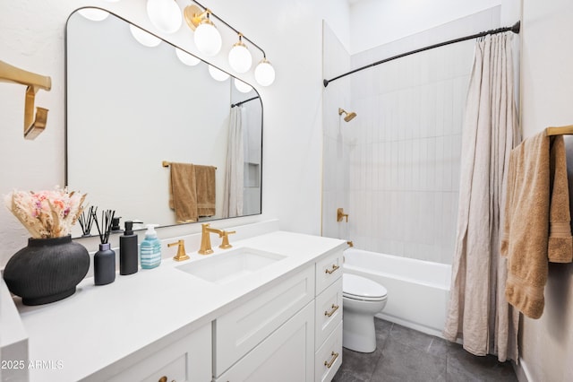 full bath with toilet, tile patterned flooring, shower / bath combination with curtain, and vanity