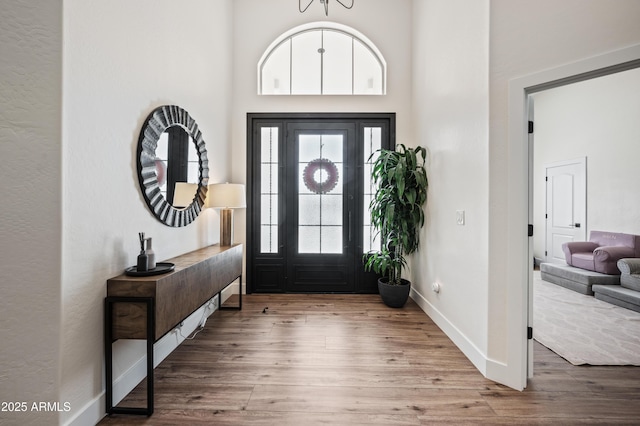 foyer entrance with a high ceiling, wood finished floors, and baseboards