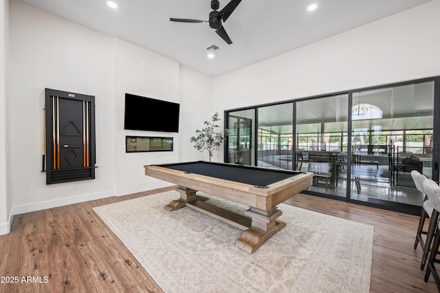 game room featuring billiards, a ceiling fan, wood finished floors, visible vents, and baseboards